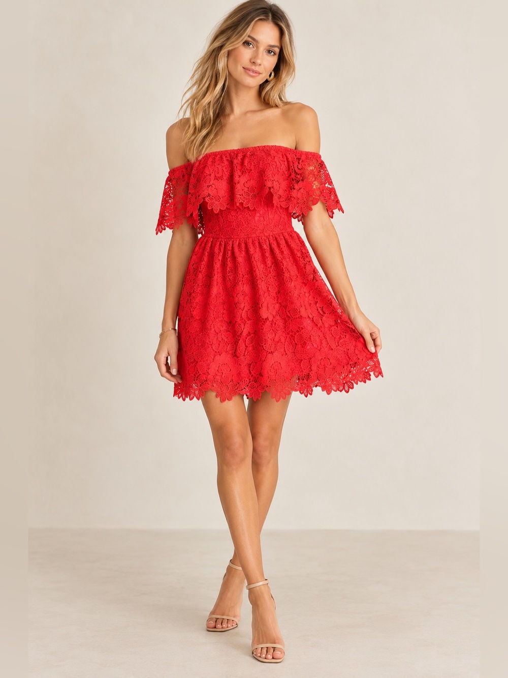 Lovers + Friends Dream Vacay Off Shoulder Red Lace Dress Size Medium